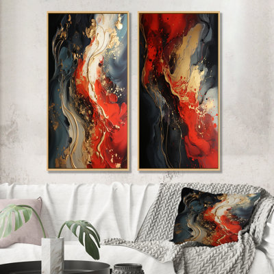 Rouge et or feu de marbre IV - ensemble de 2 reproductions d'art sur toile