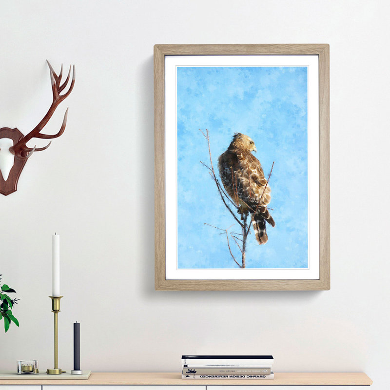Hawk Perched in a Tree 1 Piece Single Picture Frame Painting on MDF, 87cm H x 62cm W x 2cm D, Oak Framed