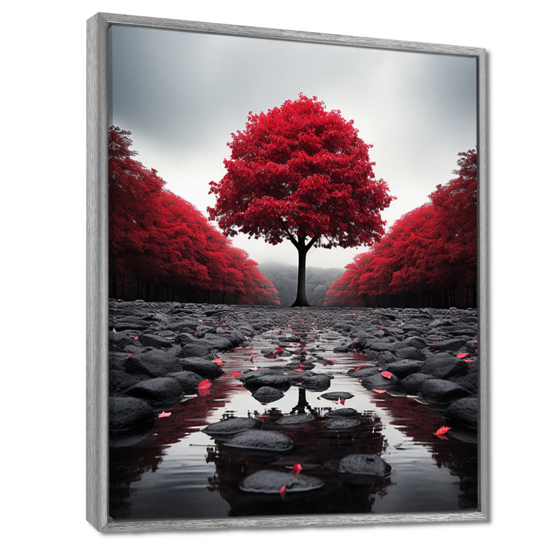 Rouge et gris forêt sérénité - art mural forêt, H 40 po x l 30 po x P 1,5 po, Encadrement argenté