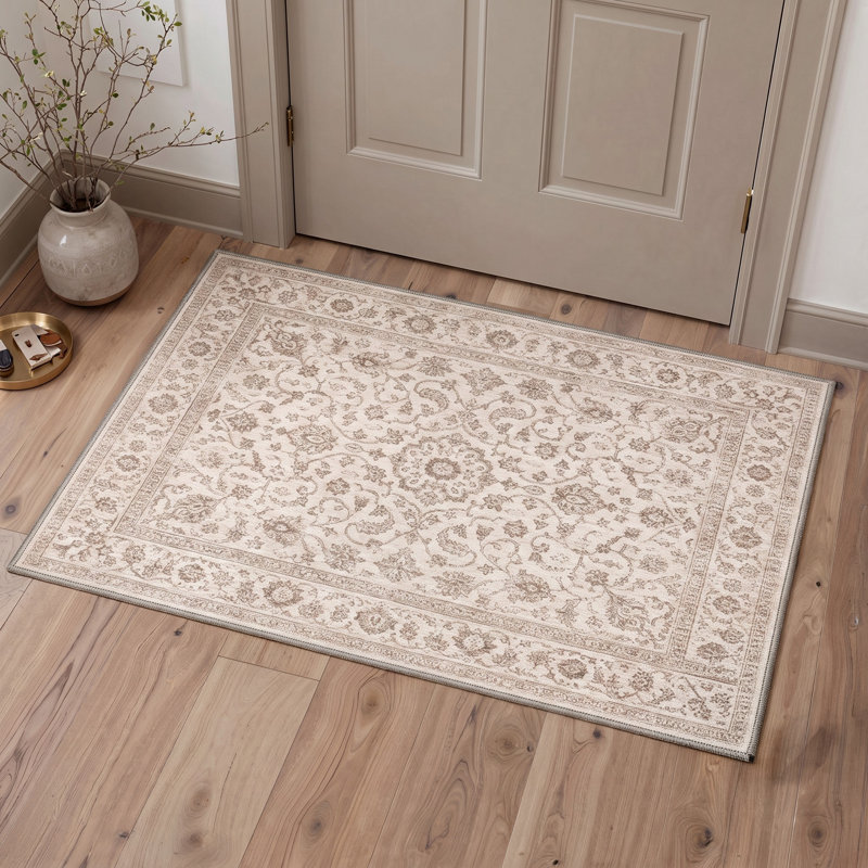 Paillasson oriental traditionnel ivoire/beige performant à poils courts, lavable et antidérapant, Rectangulaire 3 pi x 5 pi