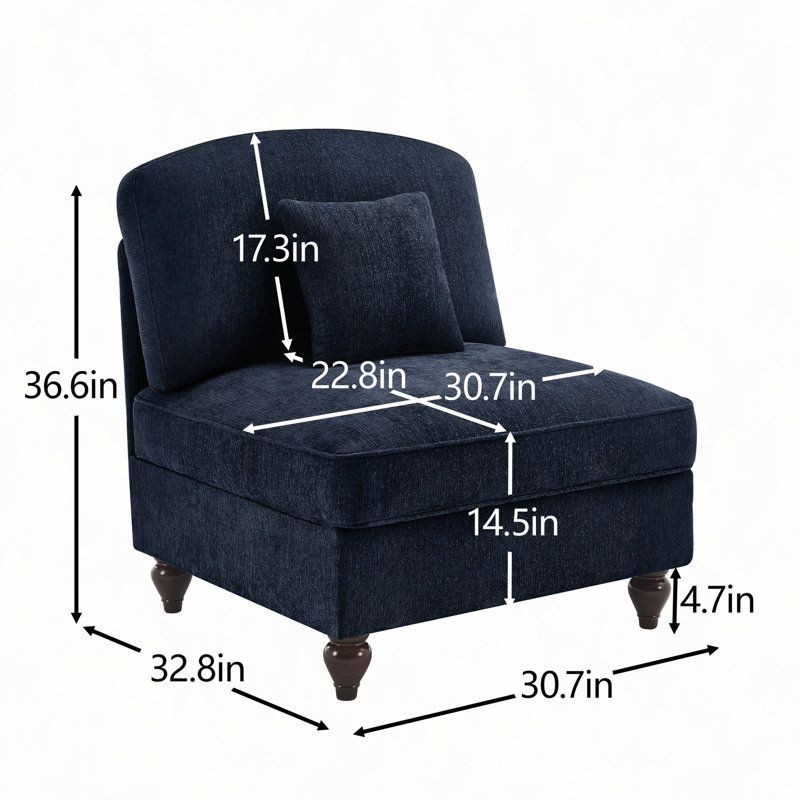 Armless Sofa Chenille W/1 Pillow, Blue