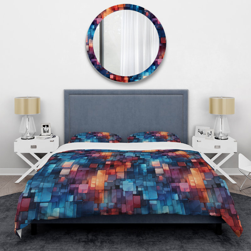 Purple And Blue Matrix Cubes Box Stitch Geometric Shapes Duvet Cover, King Duvet Cover + 2 King Shams