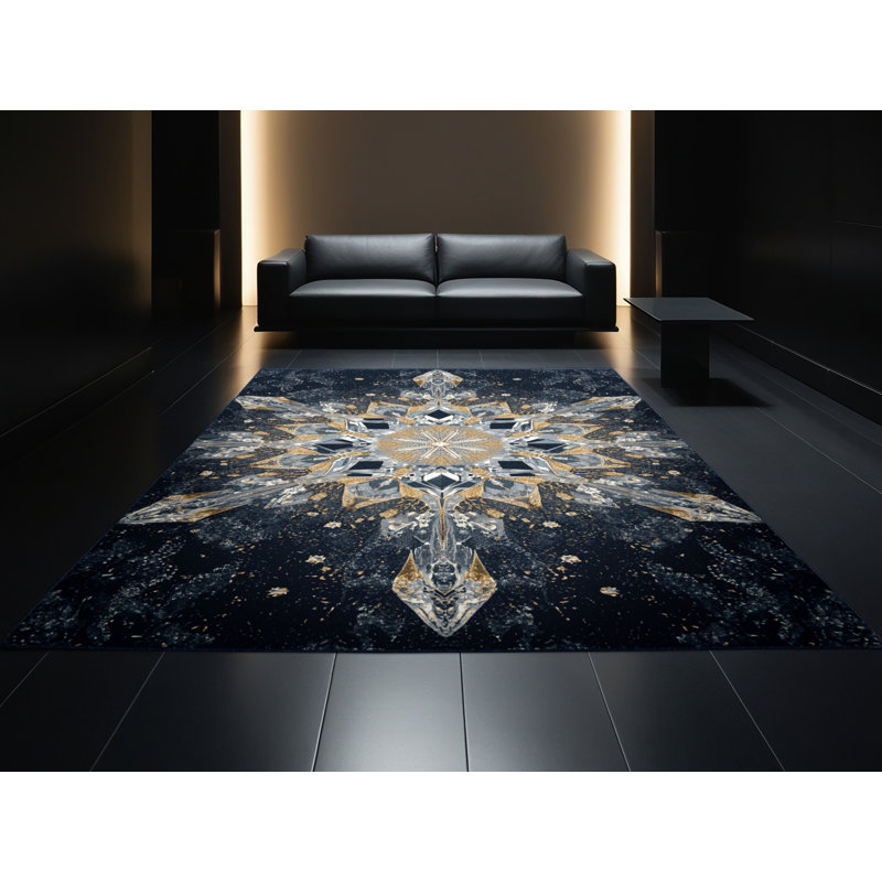Soft Plush Feliz Christmas Modern & Contemporary Abstract Area Rug in Gray – Navy Binding, 8x10