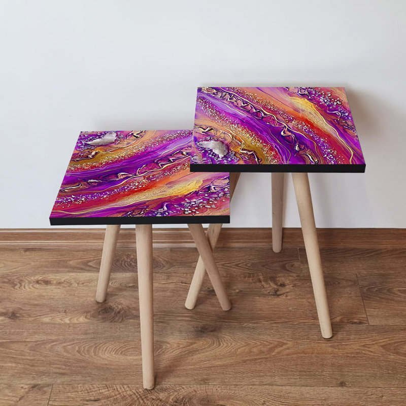 Ensemble de 2 tables gigognes modernes, conception abstraite, pieds en bois de hêtre, 13,8 po x 18,5 po x 13,8 po et 13,8 po x 16,5 po x 13,8 po | Fabrication 100% en panneau de fibres à densité moyenne de 0,7 po d'épaisseur | Idéal pour le salon, élégant et fonctionnel