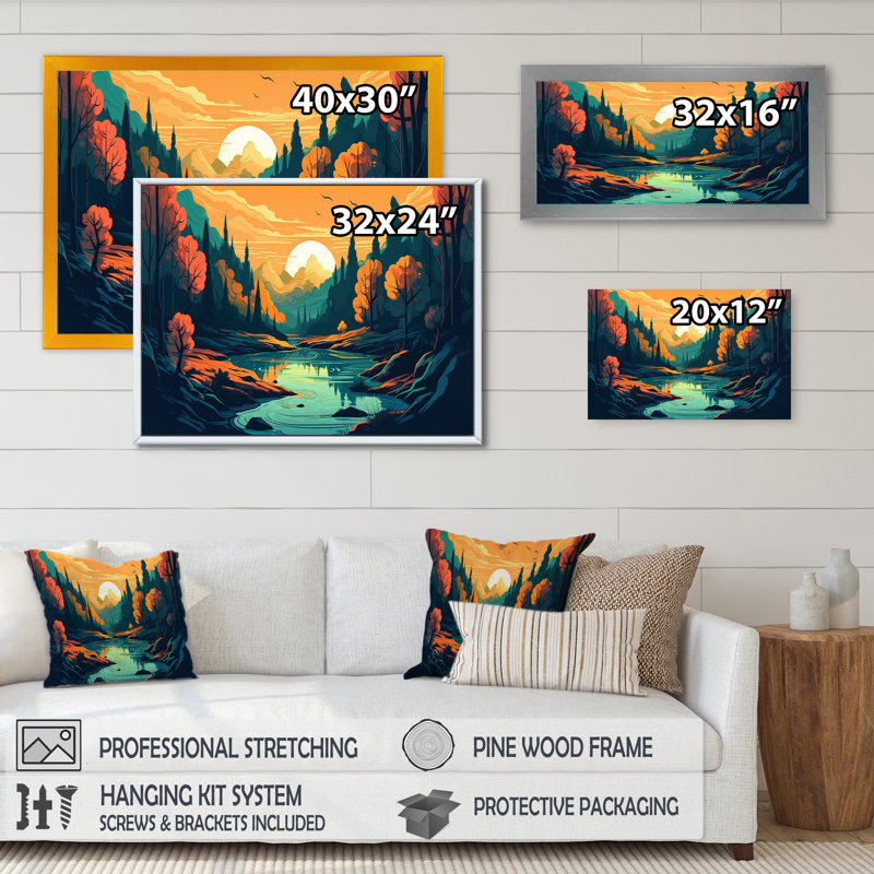 «Beautiful Stream at Sunset I», reproduction, H 16 po x l 32 po x P 1 po, Cadre flottant noir