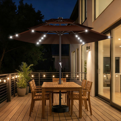 9ft All-Steel Solar LED 3-Tier Patio Umbrella with Crank Lift System & 6 Sturdy Ribs Waterproof, Patio Table Umbrella Perfect for Poolside, Terrace, Beach and Outdoor Restaurant, Brown