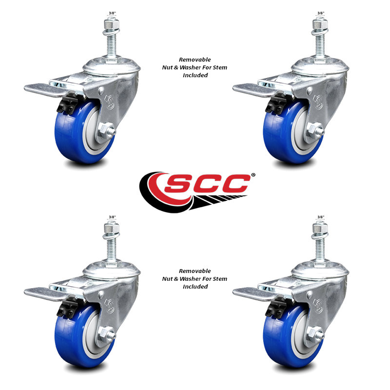 Polyurethane Swivel 3/8 Inch Stem Caster Set with Total Lock Brake