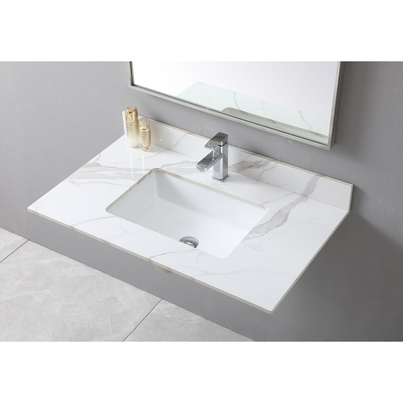 Dessus de meuble-lavabo de 37 pouces avec élément en pierre frittée dorée, lavabo rectangulaire en céramique et trou de robinet - finition option moderne, attrait douille