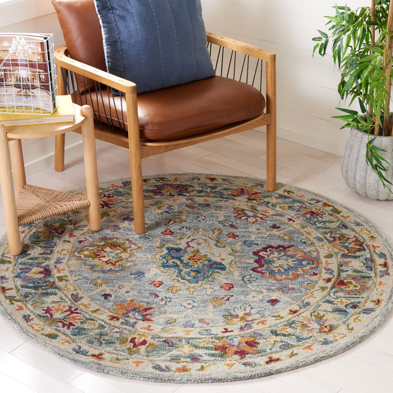 Hand-Tufted Gray/Green Oriental Wool and Cotton Rug, Round 5'