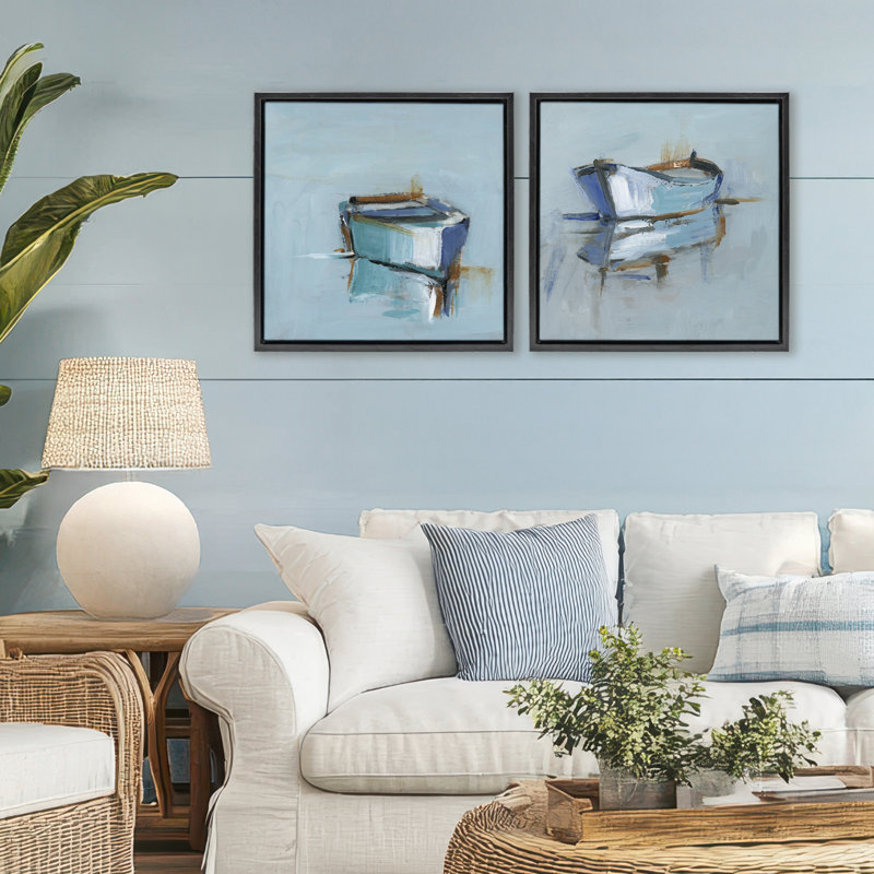 Ensemble de 2 cadres flottants Calm Boat Reflection, par Ethan Harper, H 25 po x l 25 po, Cadre flottant noir de jais