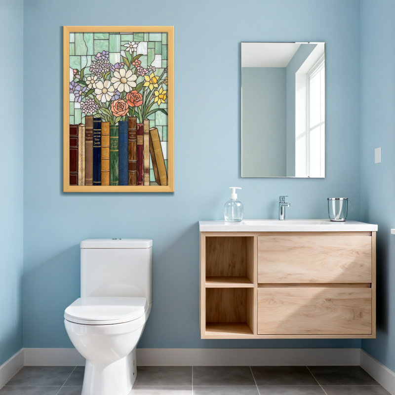 Plantes et fleurs, vitrail, fleurs, livres, fond, H 12 po x l 18 po, Grain de bois clair