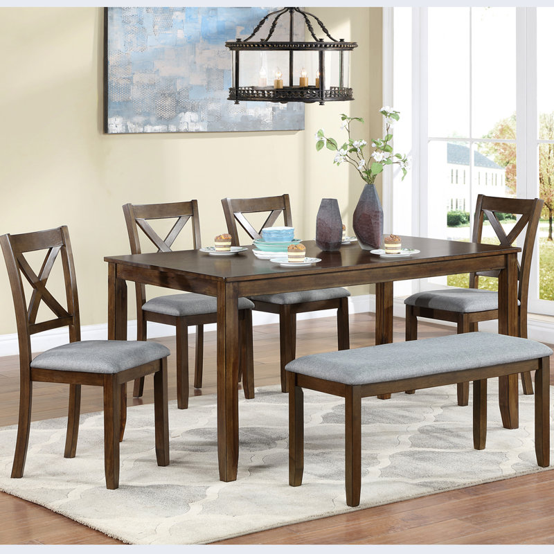 6 Walnut Dining Table With Rectangular Tabletop, 4 Chairs And A Bench Spacious In Walnut, Table, &