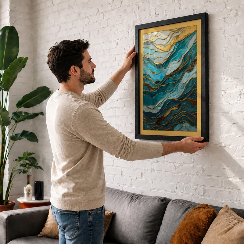 Flowing Marbled Waters Abstract - Framed Print, A4 - 29.7 x 21.0 cm, Oak