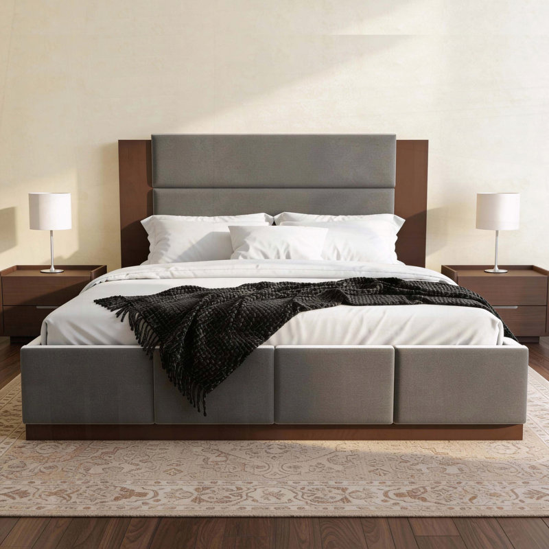 Très grand lit plateforme tapissier avec tête de lit allongée et base en bois, Très grand lit, Gris