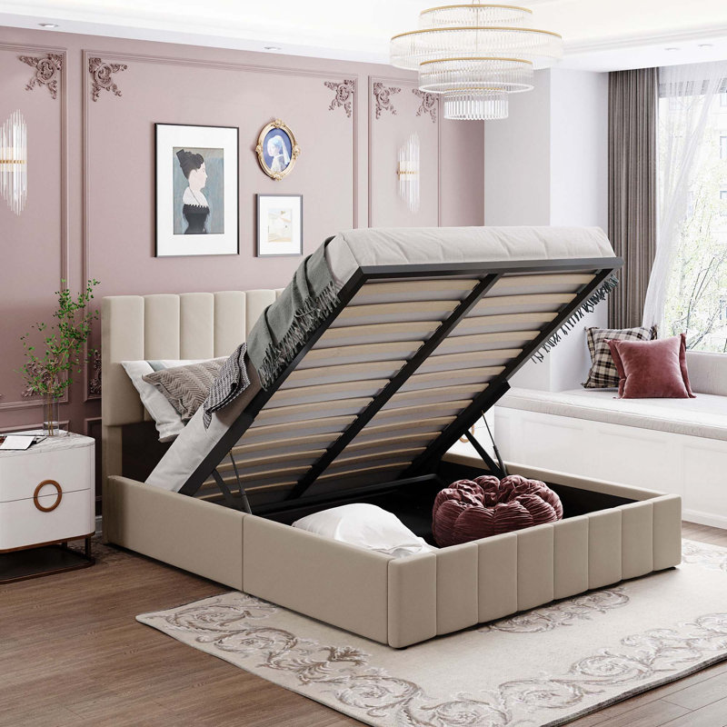 Lit plateforme tapissier avec système de rangement hydraulique, Beige, Grand lit