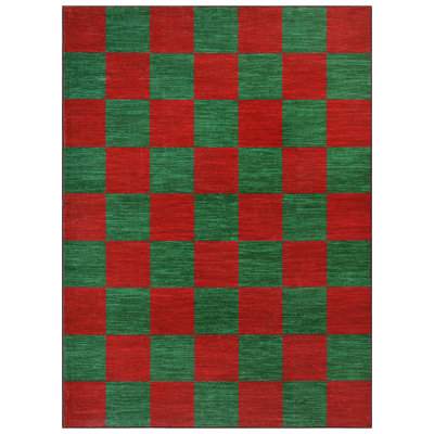 8 x 10 tapis lavable à la machine tapis de Noël damier, décor festif pour le salon chambre fêtes (rouge vert)