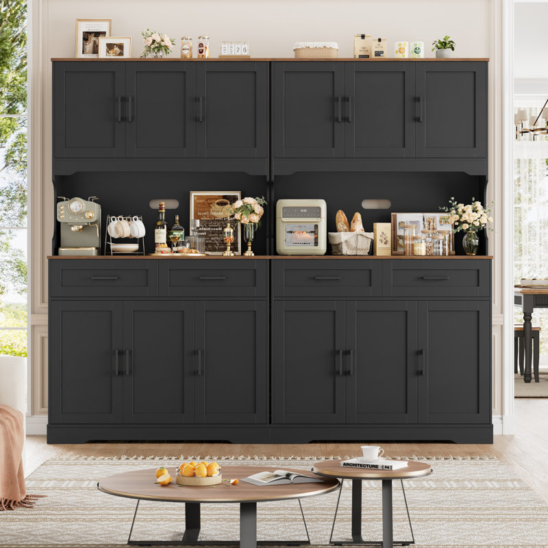 Garde-manger en bois de 74 po de hauteur avec tablette à micro-ondes et tiroirs, Noir / brun