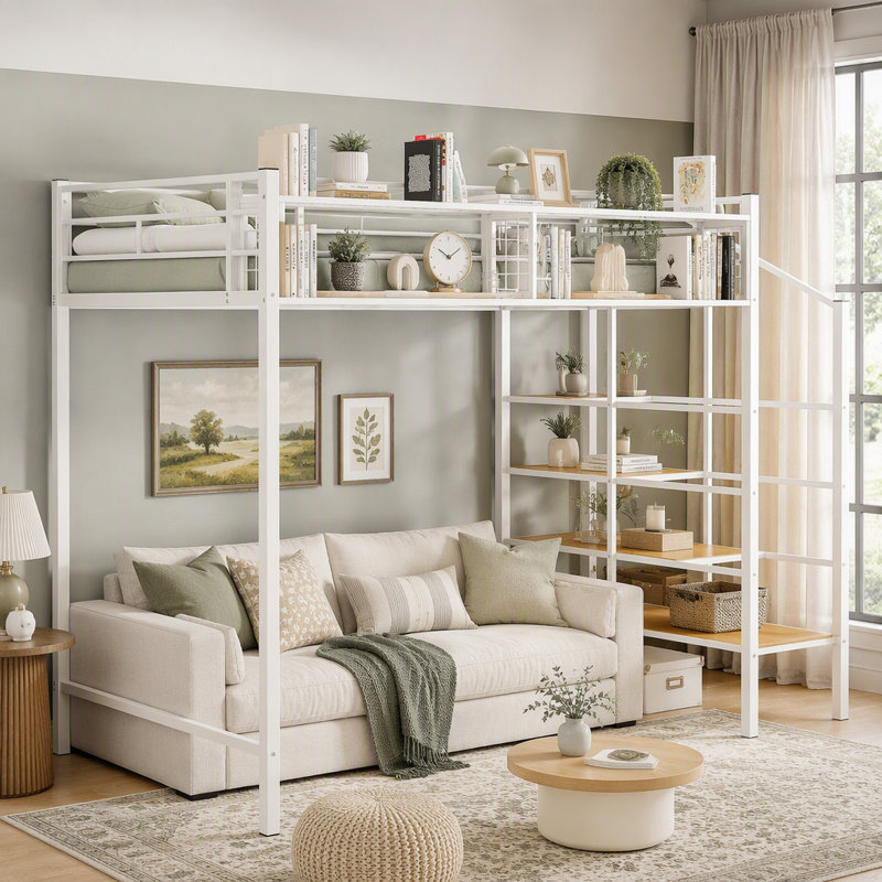 Structure de lit mezzanine en métal avec tablette de rangement à grille supérieure et échelle de rangement latérale à 4 niveaux, lit surélevé contemporain peu encombrant pour la chambre à coucher