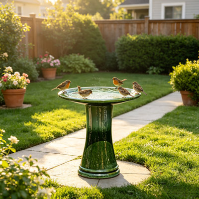Freestanding Outdoor Bird Bath, 16 Inch Gradient Green Glass Birdbath with Sturdy Ceramic Base, Decor for Garden, Backyard & Lawn