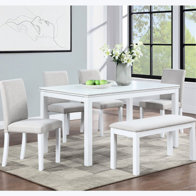Rectangular 6 Dining Table With Bench And Chairs, White Color, Solid Wood , Stable Base Wooden Table, Chairs