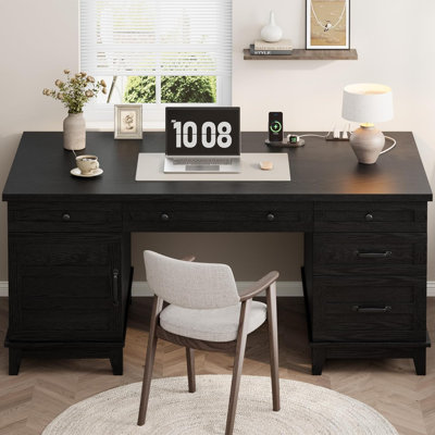 Bureau de style campagnard en bois de 152 cm avec tiroirs, bureau de direction avec caisson réglable, bureau pour le télétravail avec prises électriques, bureau d'écriture vieilli pour le travail et les études