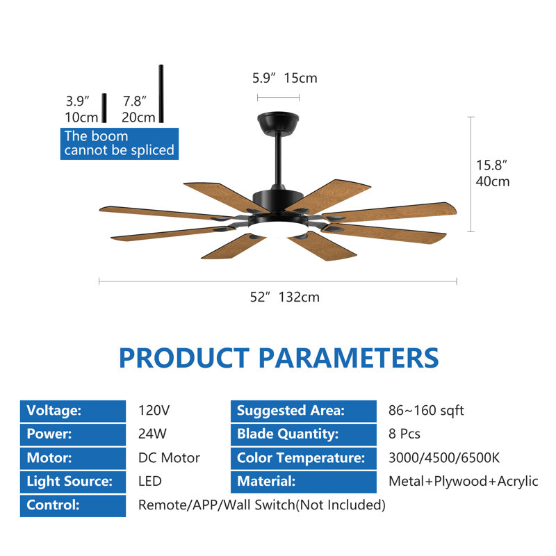 52 Inch Ceiling Fan with Lights and Remote Control, 8 Plywood Blades, 6-Speed Noiseless Reversible DC Motor, 3CCT, Windmill Ceiling fan for Kitchen, Bedroom, Living Room