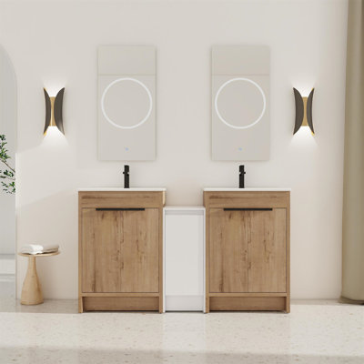 Meuble-lavabo autoportant avec lavabo en céramique et armoires de rangement