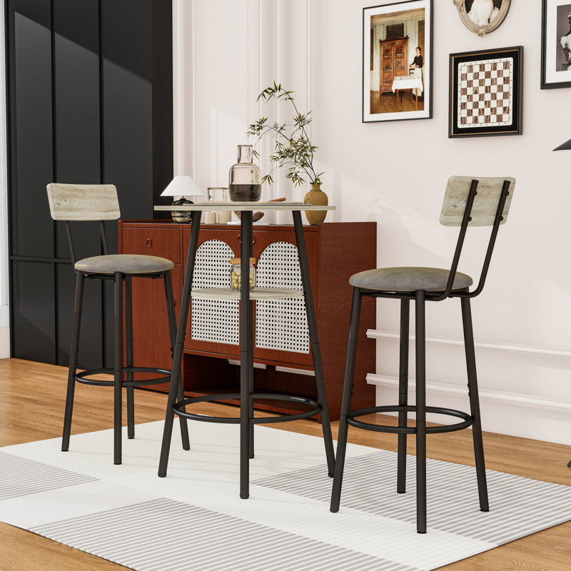 3Pcs Compact Bar Stool Set with Round Table, Upholstered Seats Stool and Storage Shelf, Grey, Grey