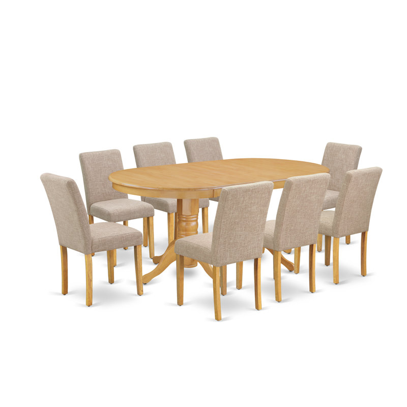 Ensemble de table de salle à manger 9 pièces comprenant une table de salle à manger ovale avec feuille papillon et 8 chaises Parsons en lin brun clair, chêne