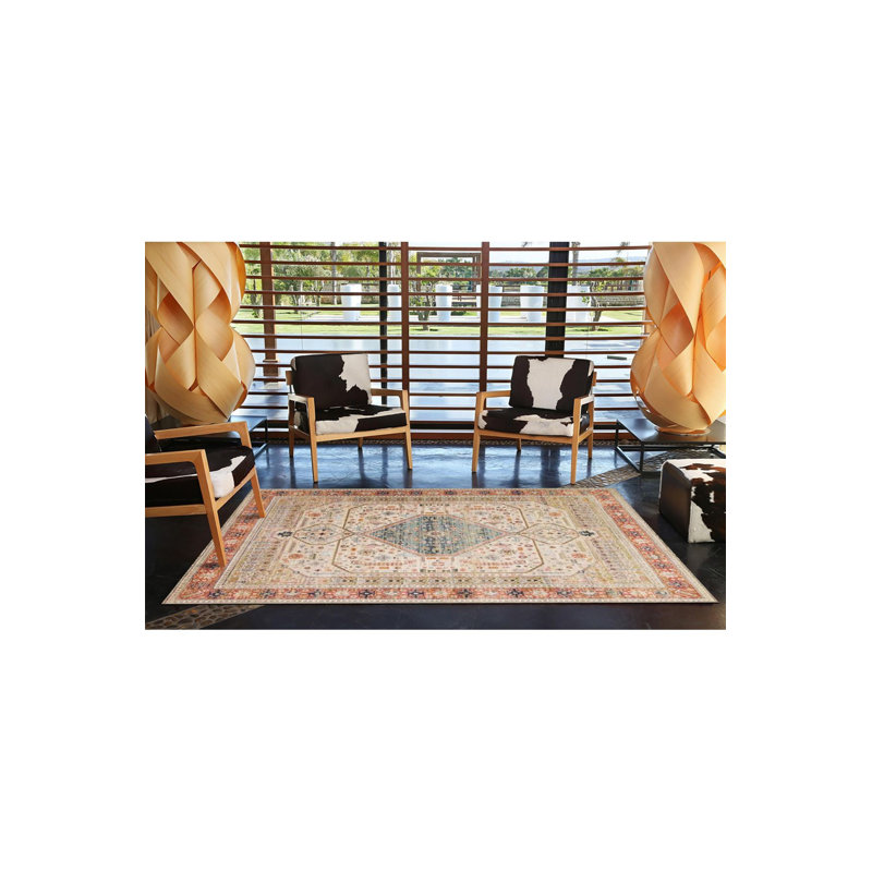 Tapis décoratif beige traditionnel à motif ethnique traditionnel lavable à la machine, Rectangle 3 pi 3 po x 4 pi 11 po