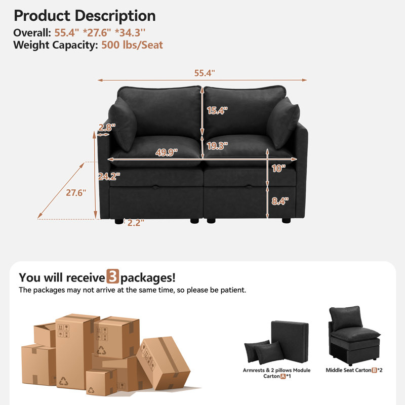 Canapé modulaire avec rangement 55,4 po, Pu-black
