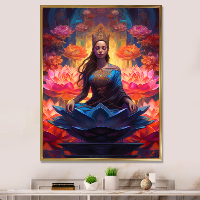 Bleu, rose, yoga, fleur de lotus, yogini, femme, 32" H x 24" W, Cadre flottant doré