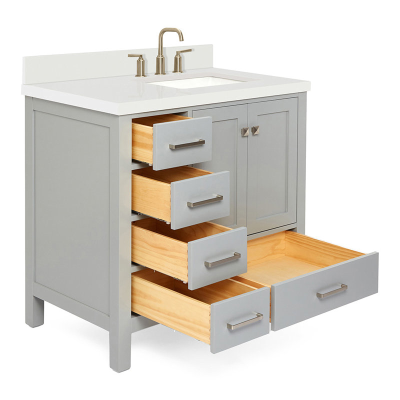 Cambridge 37'' W Single Vanity, Gray, Pure White Quartz, Rectangular