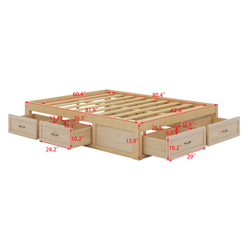 Lit plateforme avec tiroirs de rangement, Naturel antique, Grand