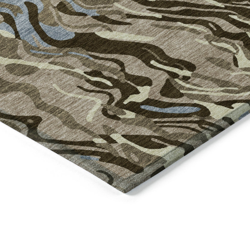 Taupe and Blue Synthetic Washable Non-slip Rectangular Rug