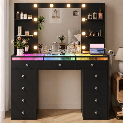 Bureau de coiffeuse avec miroir lumineux, tiroirs éclairés RVB, plateau en verre, 11 tiroirs, 4 tablettes et prise de courant - Table de coiffeuse pour chambre à coucher