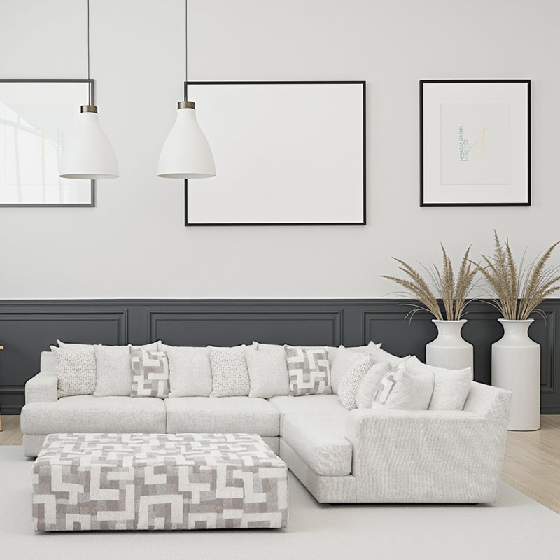MOD #974 Sectional Sofa - Sensation Dove Upholstery, 2524 Foam with Dacron Wrap, 1.5" Black Wood Legs, 9 Accent Pillows