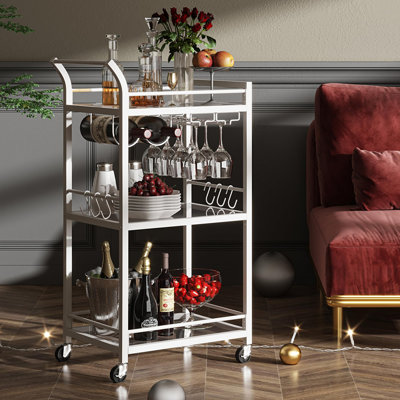 Bar Cart with 3-Tier Mirrored Shelf