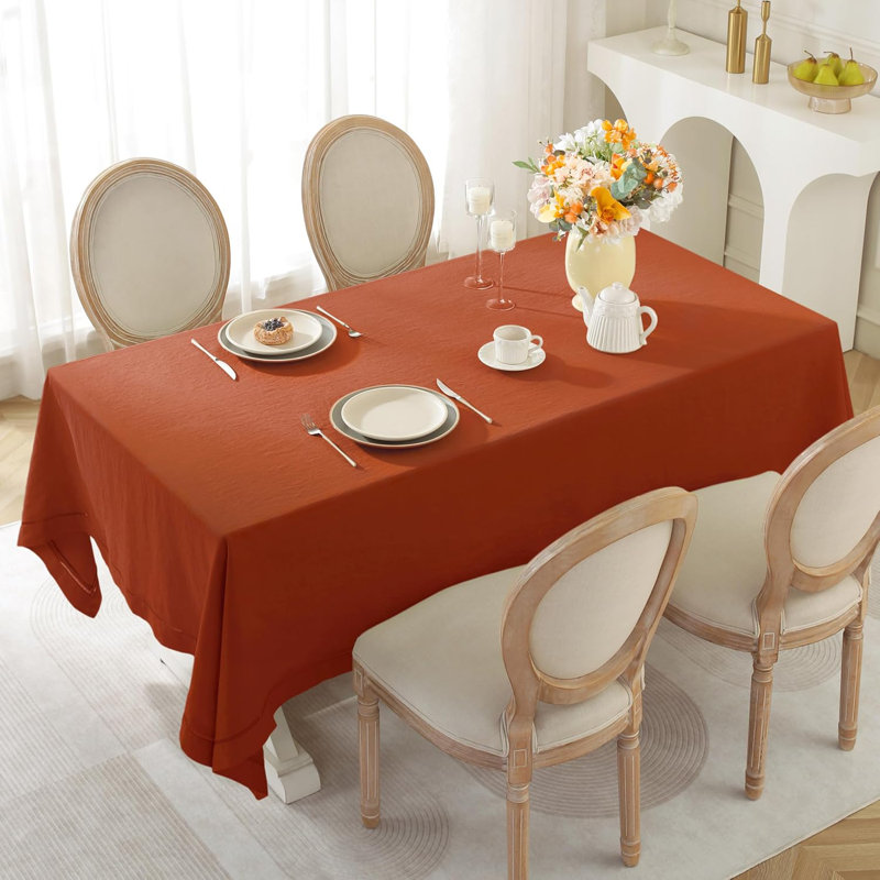 Natural French Flax Tabletop/Tablecloth with Hemistitch Border, Red