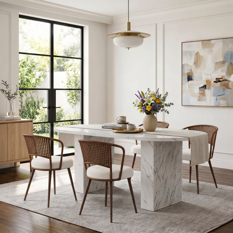Ensemble de salle à manger moderne de 7 pièces avec table, dessus en faux marbre et chaises en rotin, Beige / noyer