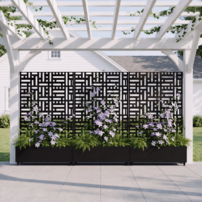 73" H Freestanding Rolling Metal Raised Garden Bed with Trellis 3-Piece Black Planter Box with Privacy Screen Outdoor Divider for Patio Deck Balcony