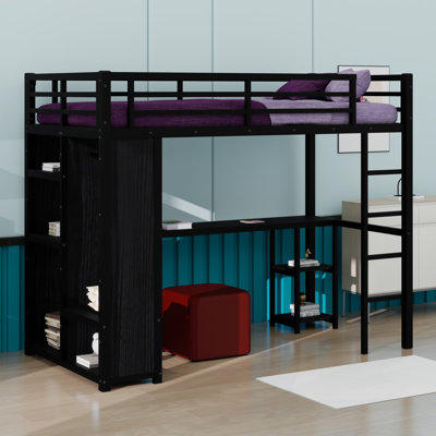 Metal Loft Bed With Integrated Wardrobe, Study Desk And Shelves