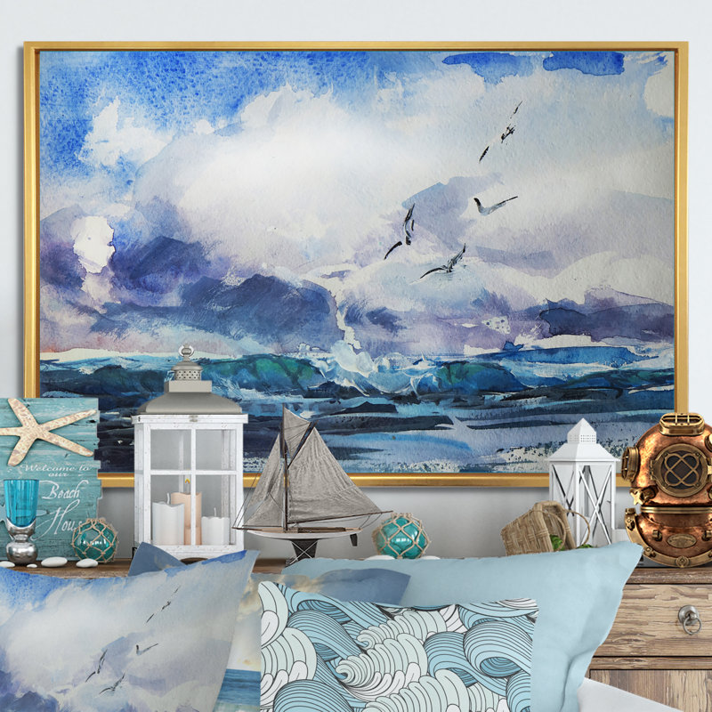 Vague et goélands - Peinture sur toile, H 12 po x l 20 po x P 1 po, Cadre flottant doré