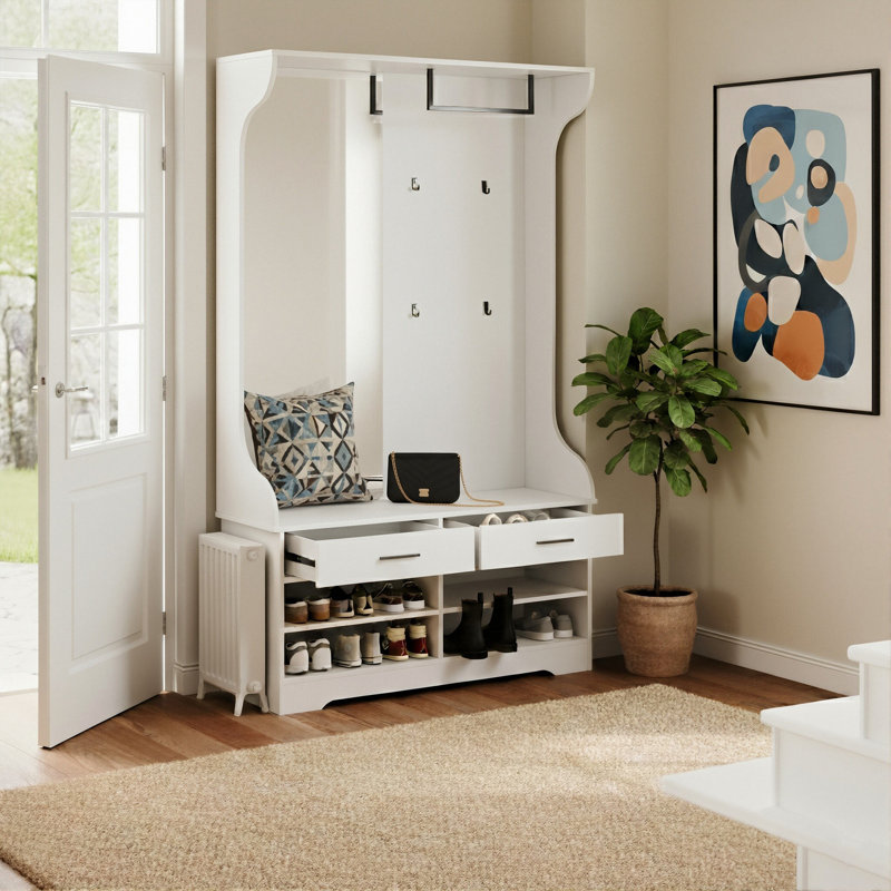 104cm Hall Tree With Storage Bench And Mirror, Entryway Coat Rack With 4 Hooks, Drawers & Shoe Storage, White