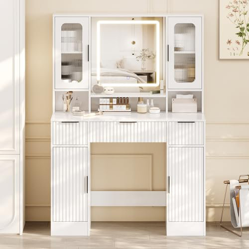Vanity Desk with Mirror and Light, Makeup Dressing Table with 2 Glass Cabinets, 2 Large Cabinets & 3 Wavy Drawers, White