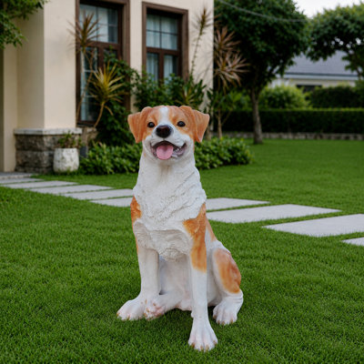 Lifelike Hound Dog Statue, Realistic Resin Animal Figurine for Indoor Outdoor Garden Lawn Yard Home Decor, Art Craft Gift, Brown+White