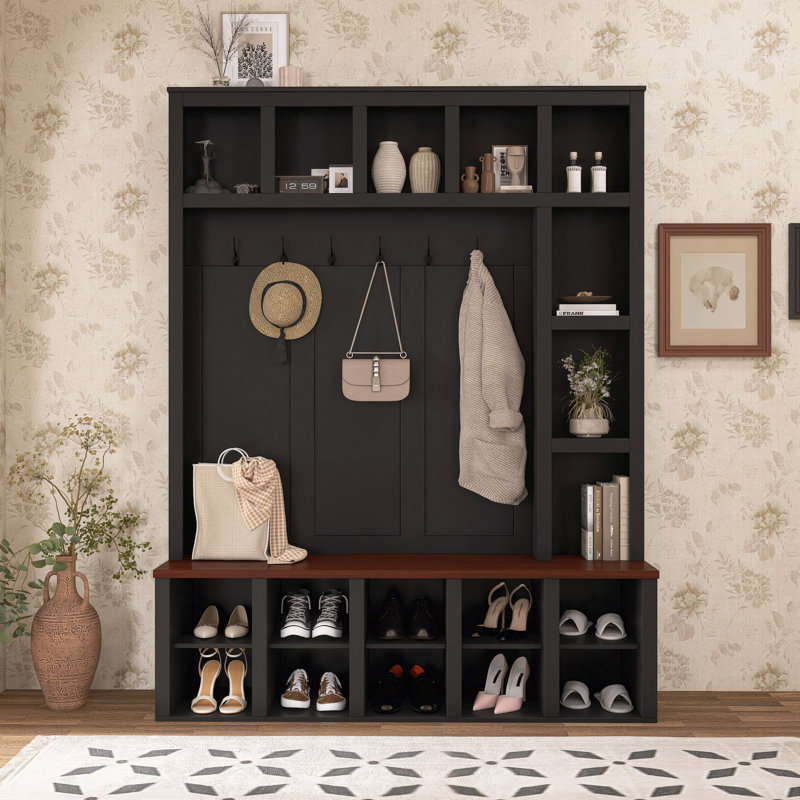 Farmhouse Wooden Hall Tree, Walnut 6-hook Storage Bench, 4-in-1 , Black
