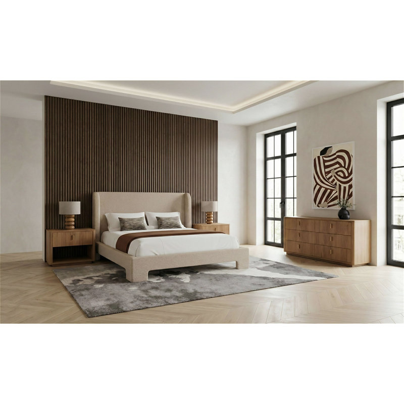 Ensemble de chambre à coucher 4 pièces en tissu beige et chêne moderne Emilio + Roma, Beige et chêne, Grand lit