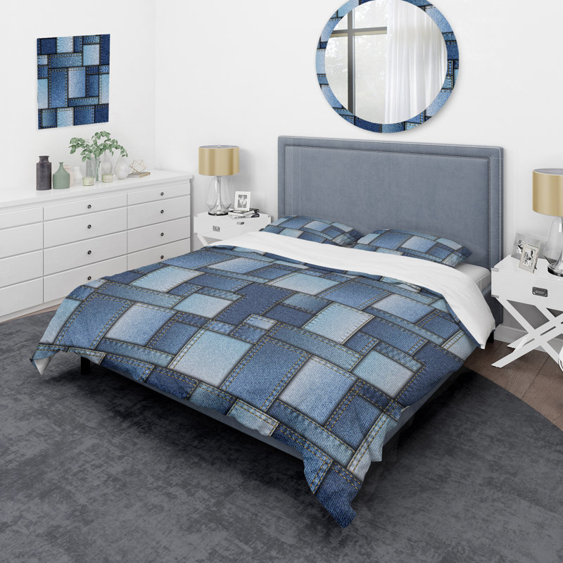 Blue Denim Patchwork - Ensemble de housse de couette abstrait - Microfibre de polyester