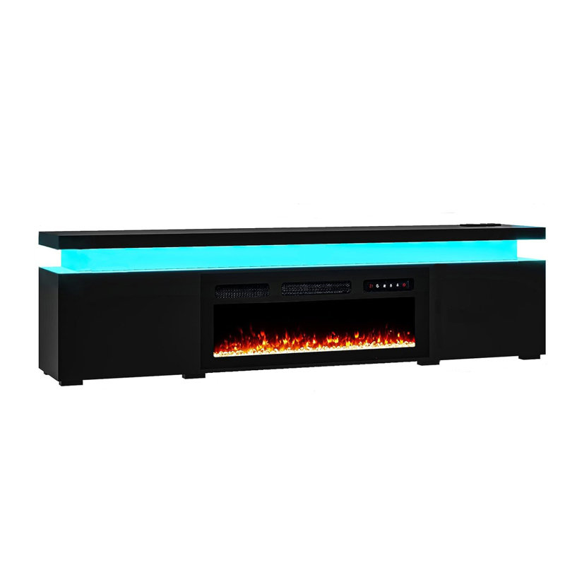 70.9'' Tv Stand For 75 Inch Tv, Modern Entertainment Centers With Led Lights, High Gloss Tv Cabinet W/power Outlet, Storage Open Shelves, Black
